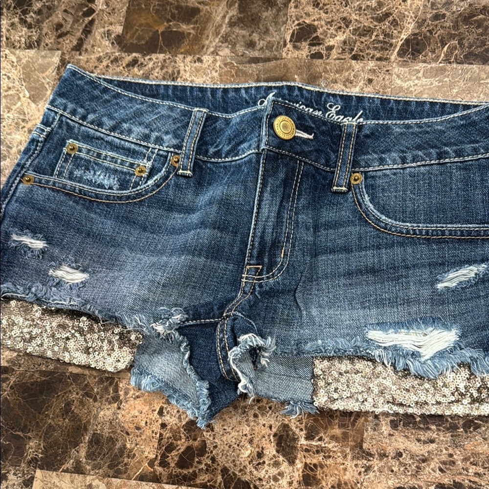 Denim Shorts with Silver Sequin Accents